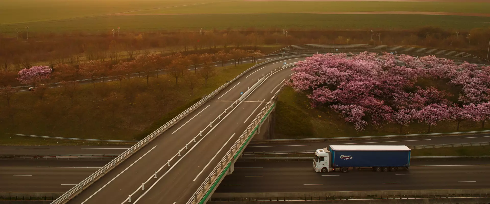 Autostrada Francia camion alberi campi estesi sole cielo limpido